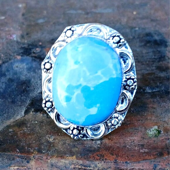 925 Plated Larimar Crystal Ring, Gemstone Jewelry, Silver, Size 9 - Picture 2 of 4